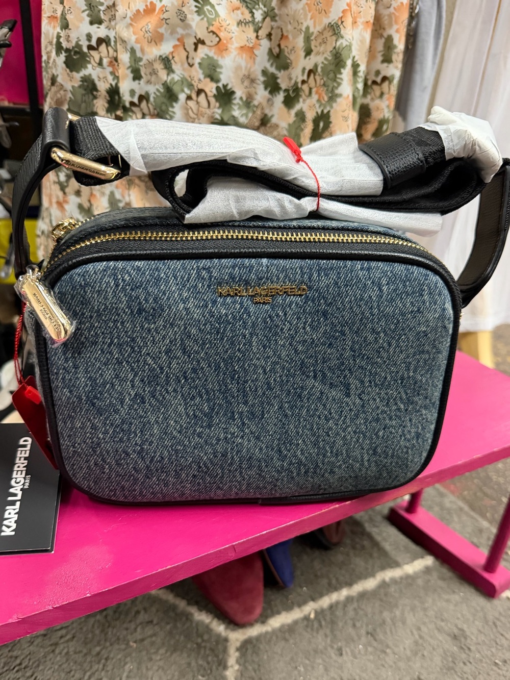 Karl Lagerfeld Denim Camera Crossbody Bag in Blue and Black